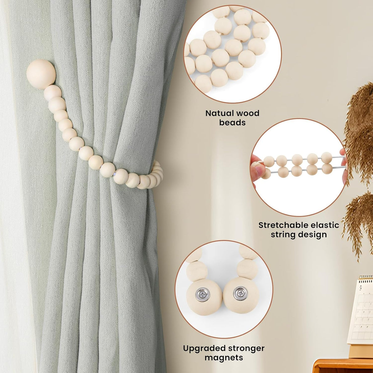 KLOGTSIND Magnetic Curtain Tiebacks, 2 Pack Wood Bead Curtain Holdbacks