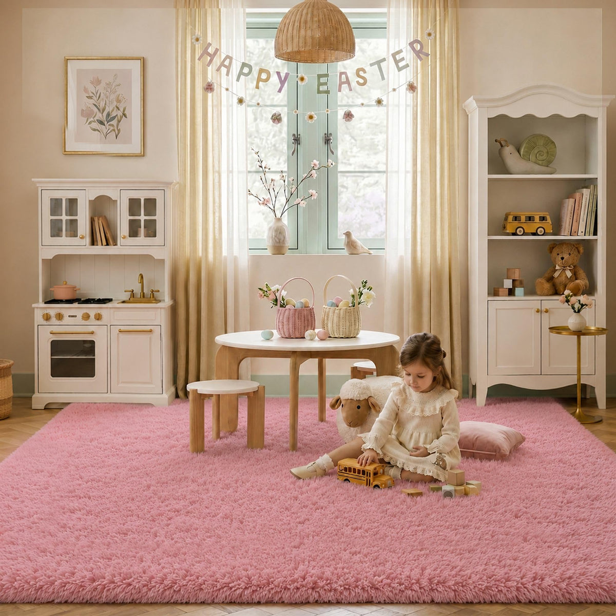 8x10 Ft Cream White Fluffy Area Rug for Living Room, Washable
