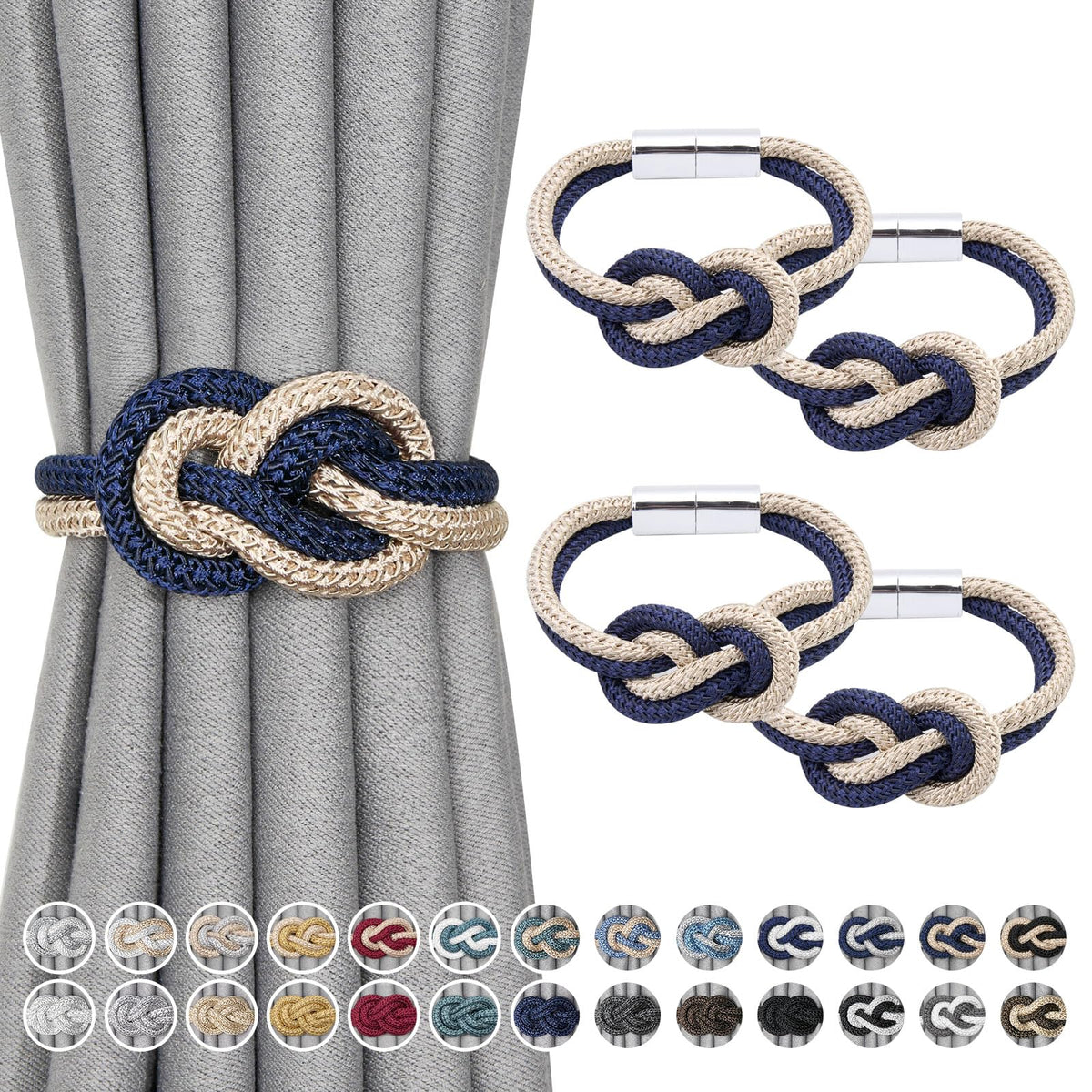 NICEEC 2 Pack Mini Magnetic Curtain Tiebacks Nordic Simple Style Drape Tie Backs Elegant Hand Weave Rope Knot Decorative Curtain Holdbacks for Home & Office Thin Window Drapery (Silver Grey)