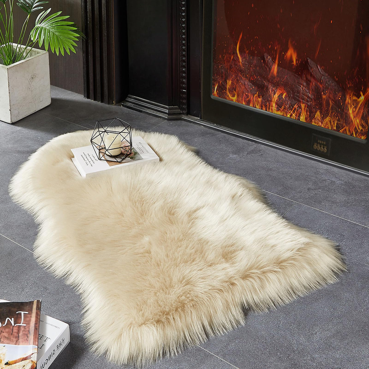 AMTOVO Faux Sheepskin Rug, Beige Ultra Soft Fluffy Shag Area Rug, 2 x 6 ft Faux Fur Rug for Bedroom Sofa Throw Cushion Room Decor, Sheepskin