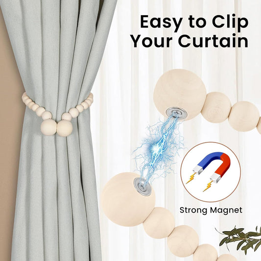 KLOGTSIND Magnetic Curtain Tiebacks, 2 Pack Wood Bead Curtain Holdbacks