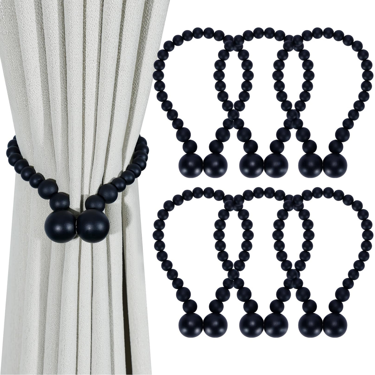 KLOGTSIND Magnetic Curtain Tiebacks, 2 Pack Wood Bead Curtain Holdbacks