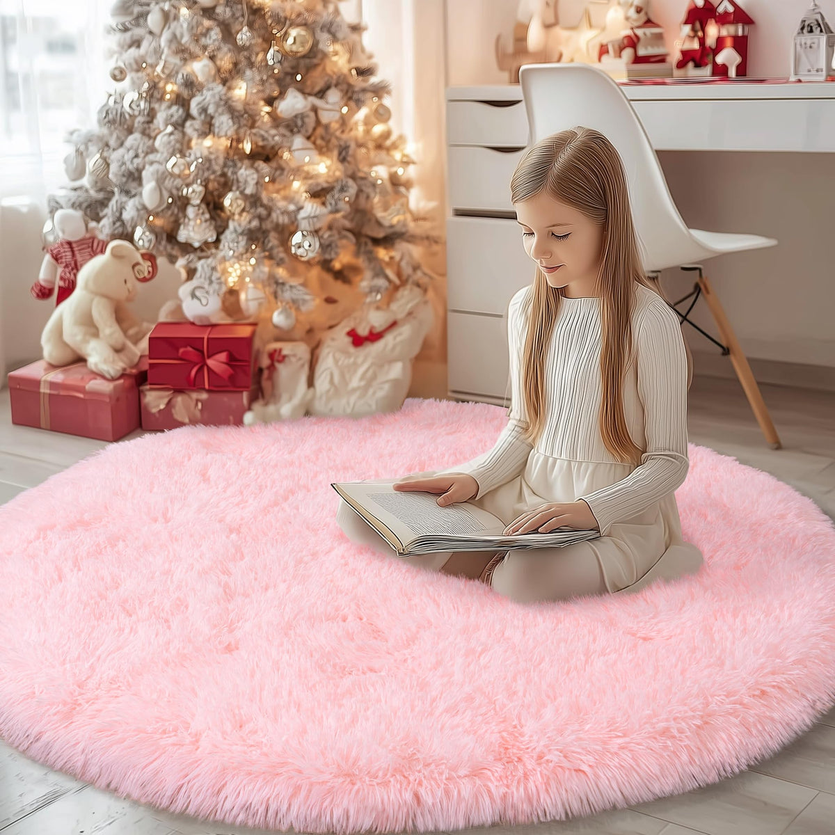 4Ft Fluffy Pink Round Rug for Girls Bedroom Kids Room, Washable Non-Slip