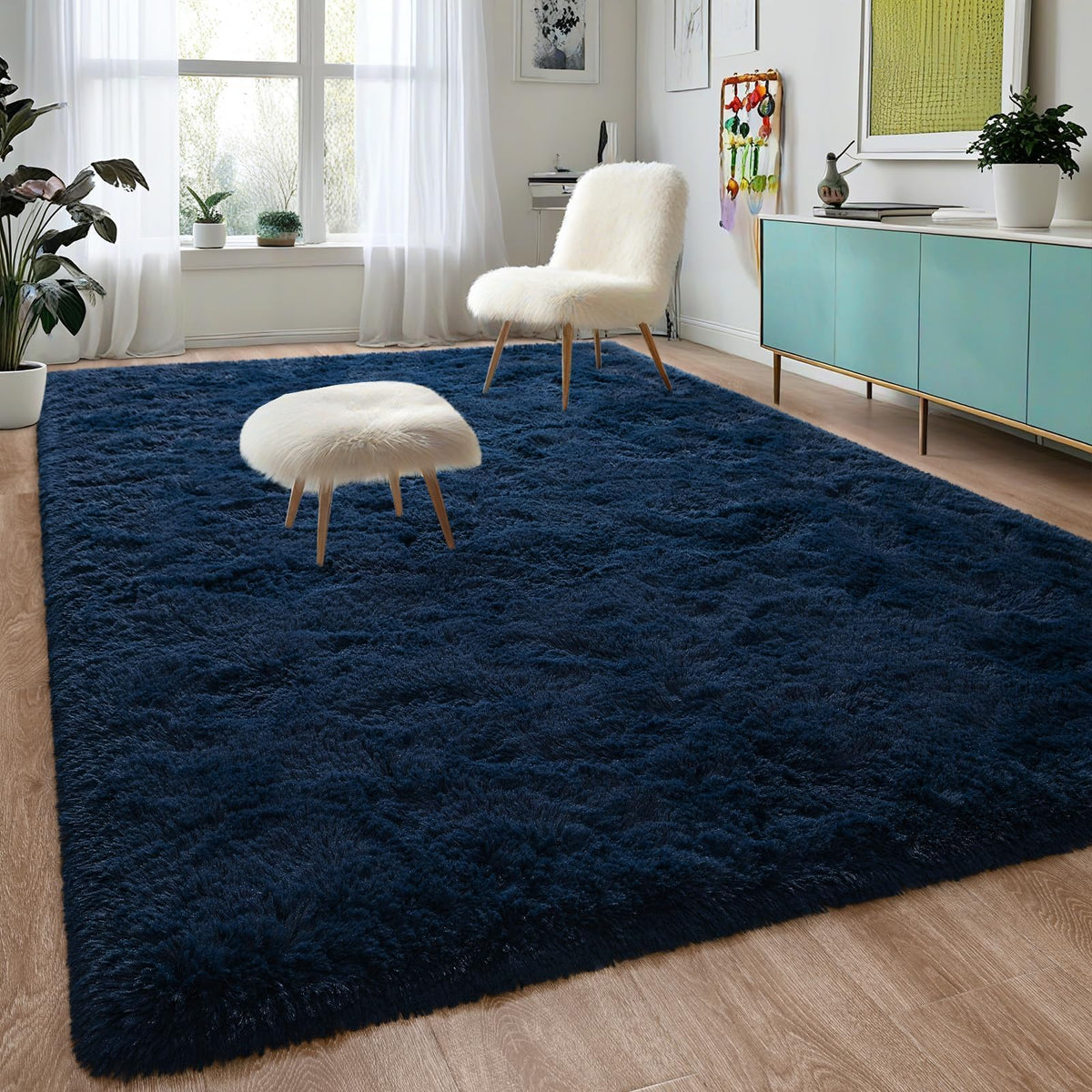 DweIke Fluffy Blue Shag Rugs for Bedroom Living Room, 4x6 Feet Soft Plush Tie-Dyed Light SkyBlue Girls Boys Kids Rug, Upgraded Non-Slip and Machine Washable Carpet for Dorm Nursery Classroom Decor