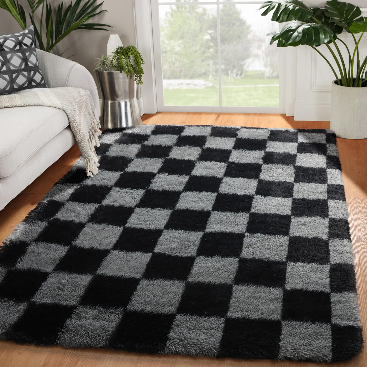 KICMOR Area Rugs 8x10 for Living Room, Large Fluffy Beige and Cream White Checkered Rug Big Fuzzy Shag Shaggy Carpets for Bedroom, Soft Plush Furry Rug for Boy Girls Room Dorm Home Decor Aesthetic