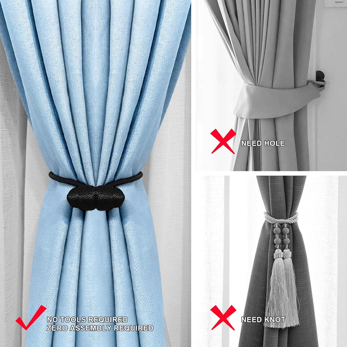 Tifanso 4PCS Black Boho No Drill Magnetic Curtain Tiebacks for Home Decor
