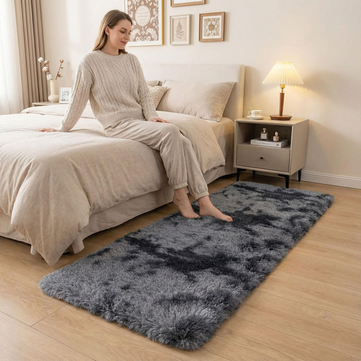 duduta Navy Blue Fluffy Bedroom Rug 3x5 ft, Tie-Dye Shag Plush Area Rug