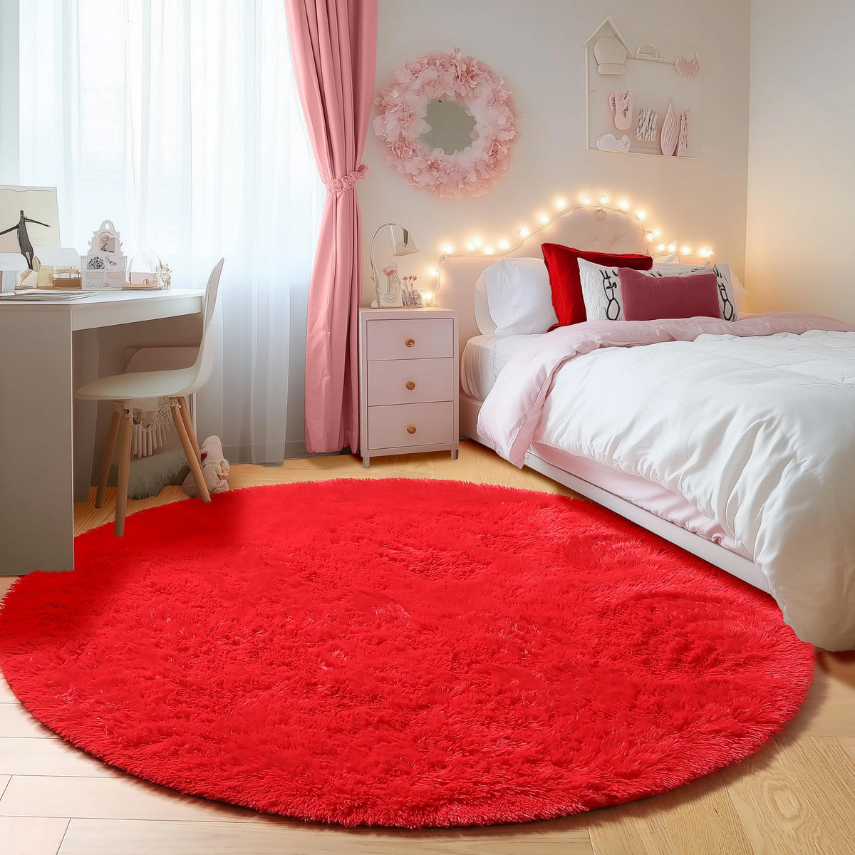 Light Pink Fluffy Round Rug Circle Area Rugs 4ft for Girls Kids Bedroom