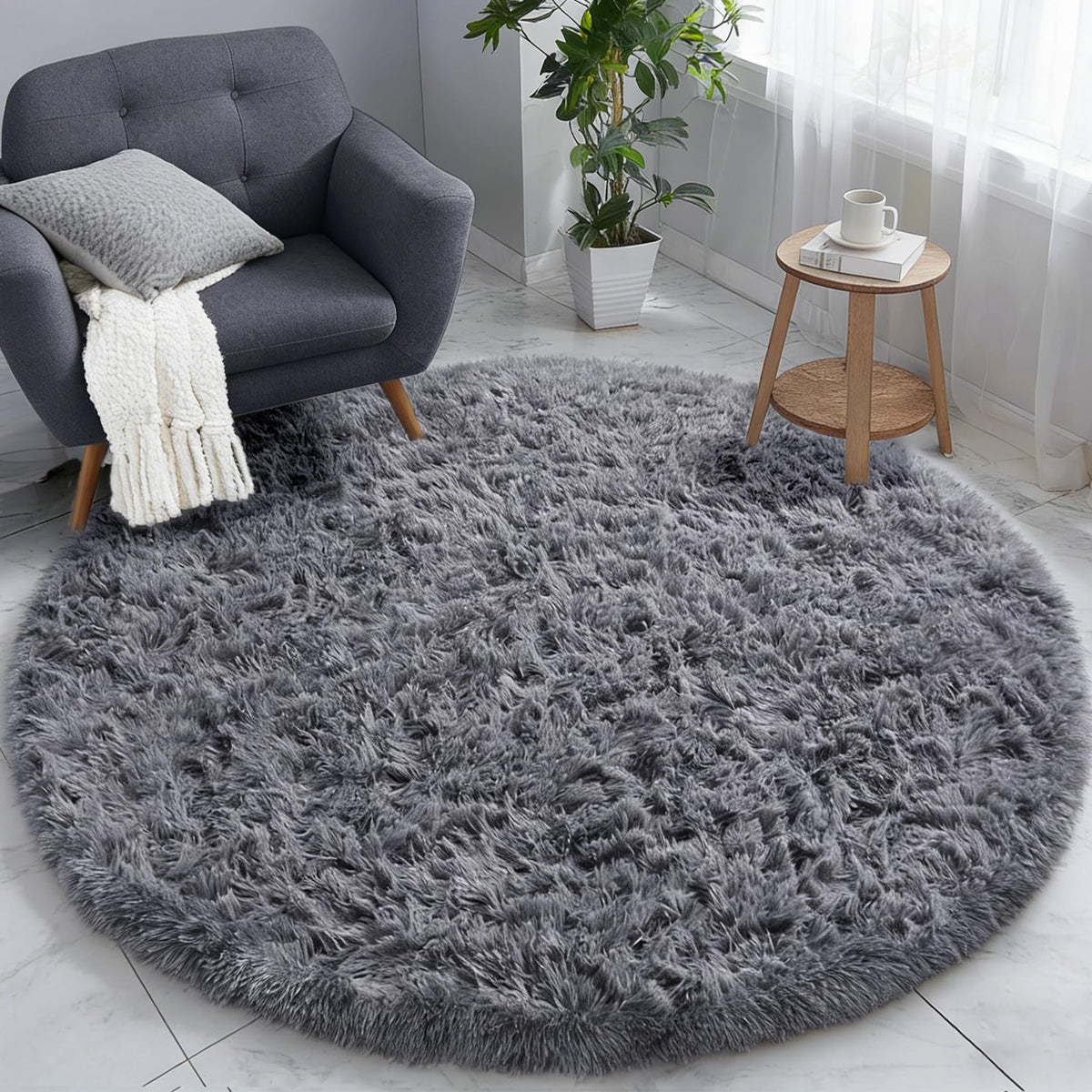 Pink Round Rug for Girls Bedroom 4Ft, Fluffy Shaggy Fuzzy Circle Area Rugs