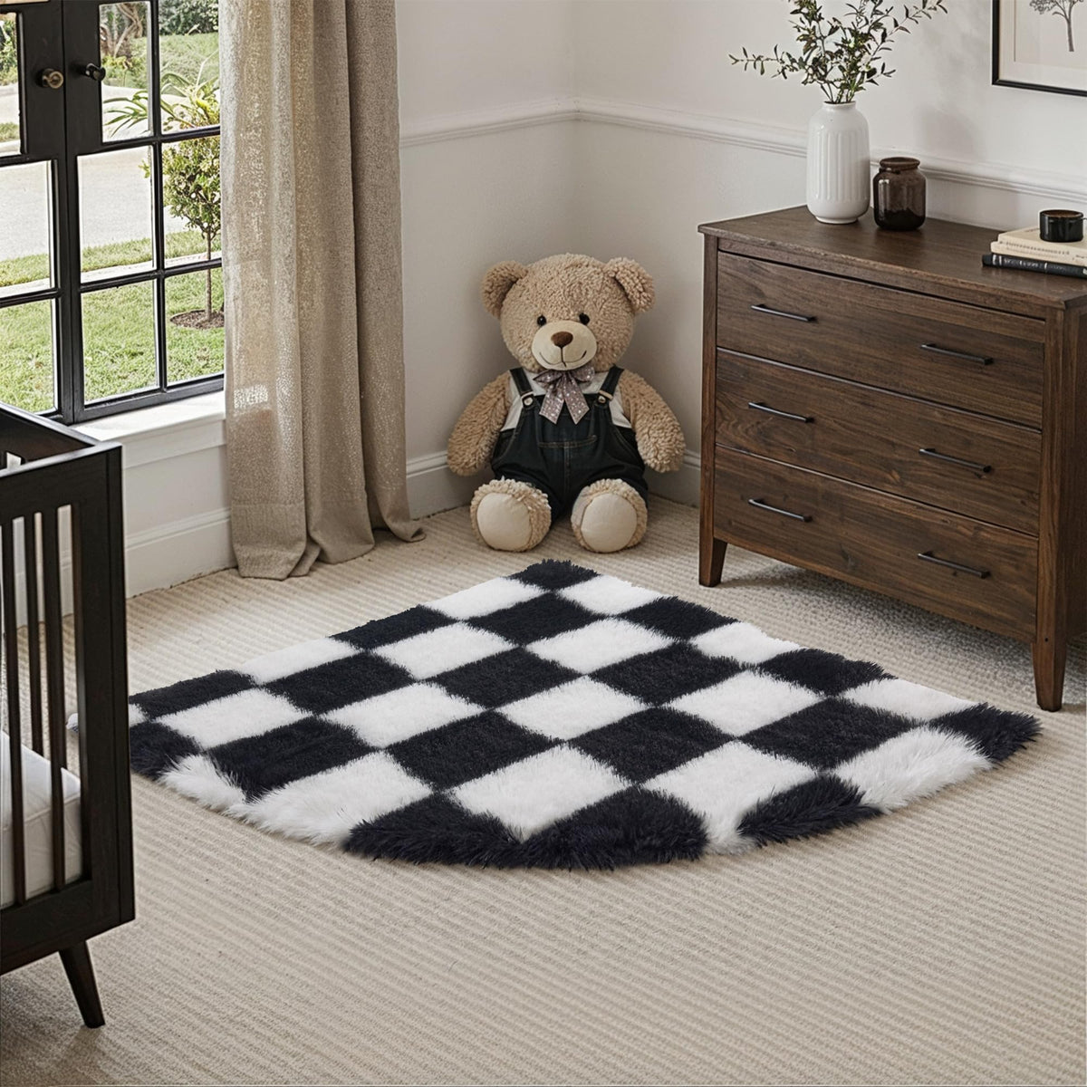 PureCozy Beige 8x10 Area Rug for Living Room Soft Checkered Shag Carpet