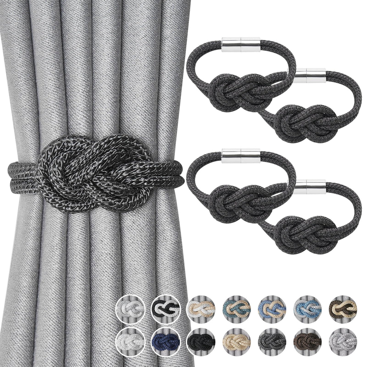 NICEEC 2 Pack Mini Magnetic Curtain Tiebacks Nordic Simple Style Drape Tie Backs Elegant Hand Weave Rope Knot Decorative Curtain Holdbacks for Home & Office Thin Window Drapery (Silver Grey)