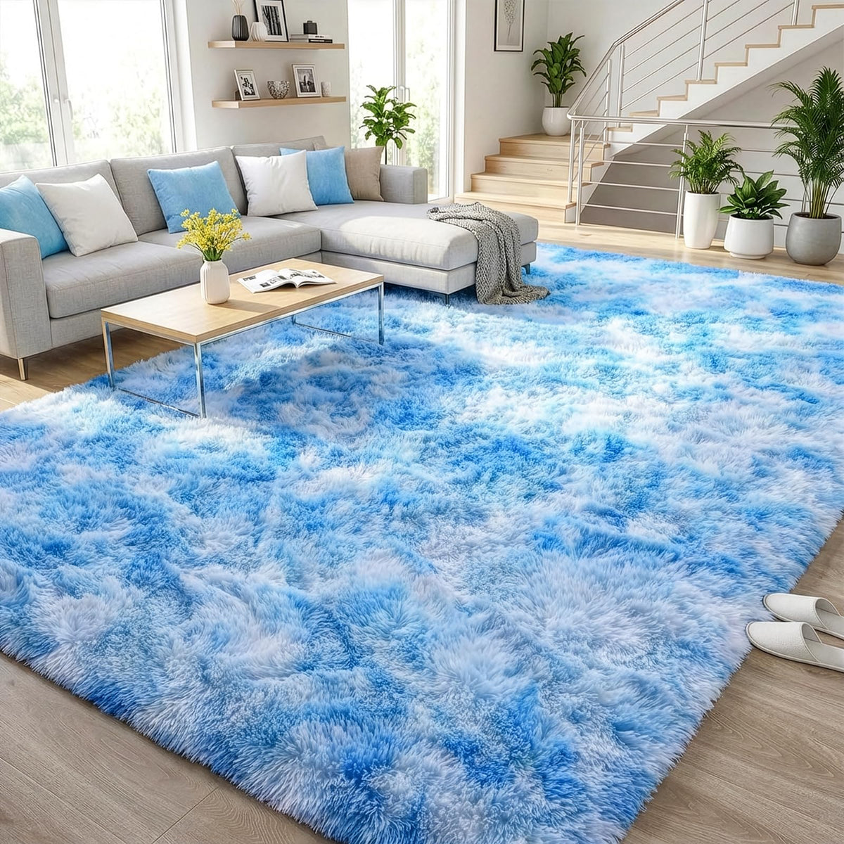 DweIke Fluffy Blue Shag Rugs for Bedroom Living Room, 4x6 Feet Soft Plush Tie-Dyed Light SkyBlue Girls Boys Kids Rug, Upgraded Non-Slip and Machine Washable Carpet for Dorm Nursery Classroom Decor