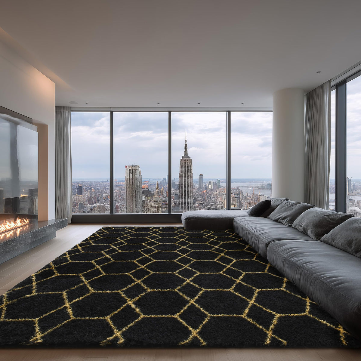 Fluffy Rug for Living Room, Soft Modern 8x10 Grey and Black Shag Area Rugs