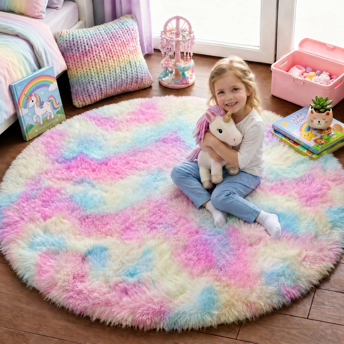 Pink Round Rug for Girls Bedroom 4Ft, Fluffy Shaggy Fuzzy Circle Area Rugs