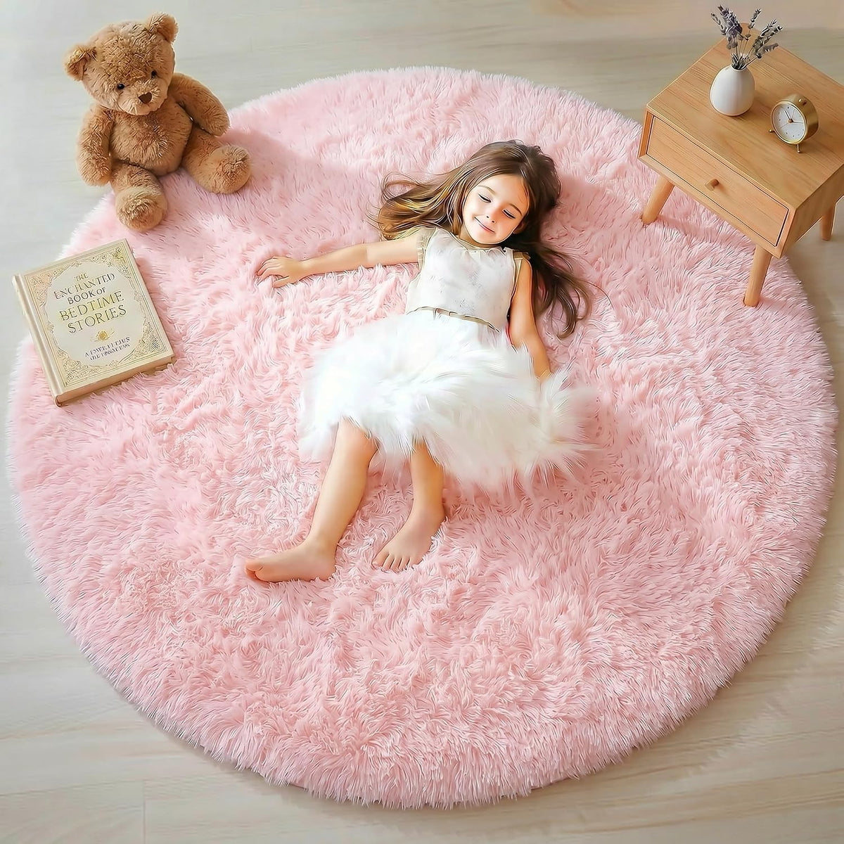 Light Pink Fluffy Round Rug Circle Area Rugs 4ft for Girls Kids Bedroom