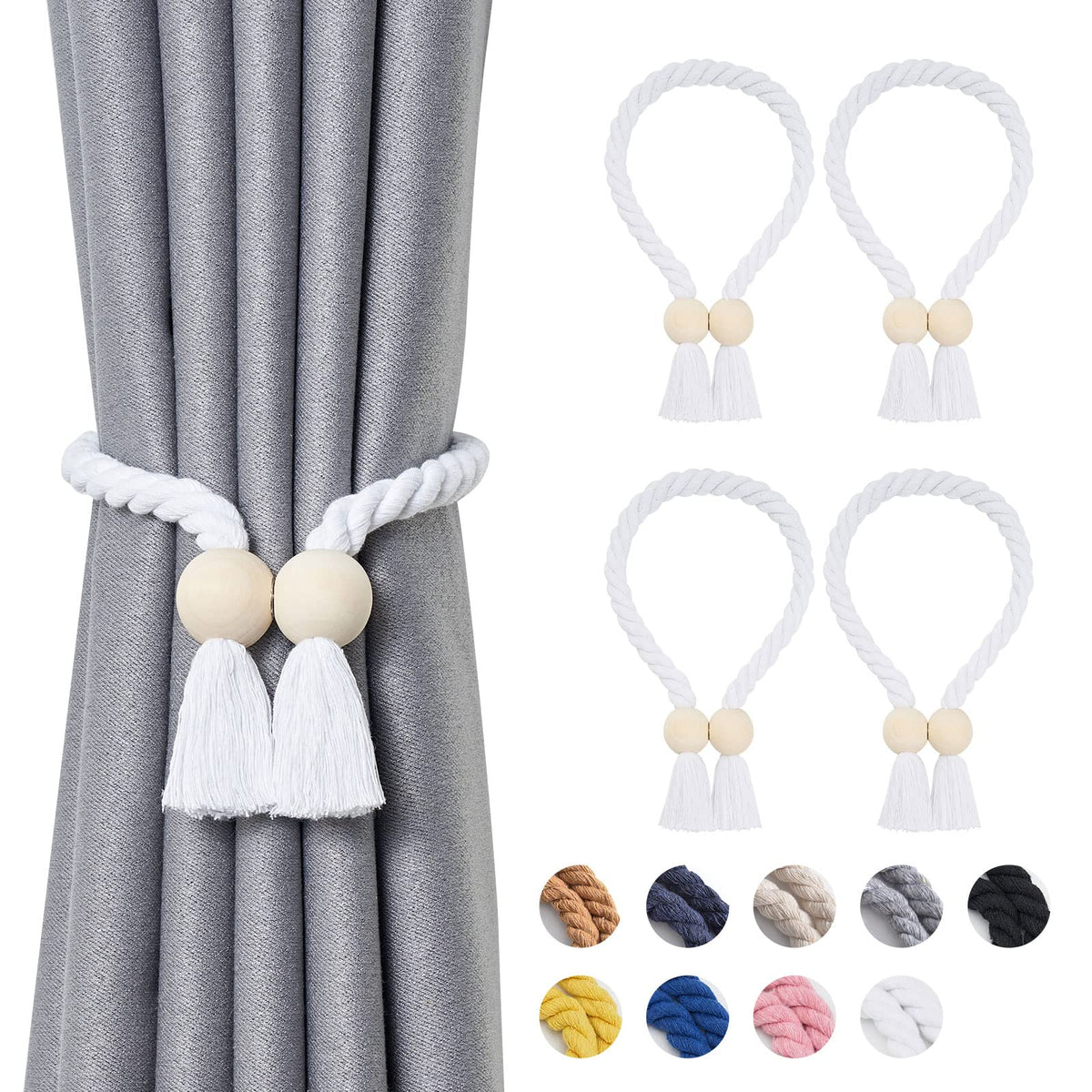 NICEEC 2 Pack Wooden Ball Magnetic Curtain Tiebacks Boho Home Decor Drape Tie Backs Natural Cotton Hand Woven Rope Curtain Holdbacks for Thin & Thick Home & Office Window Draperies (Beige)