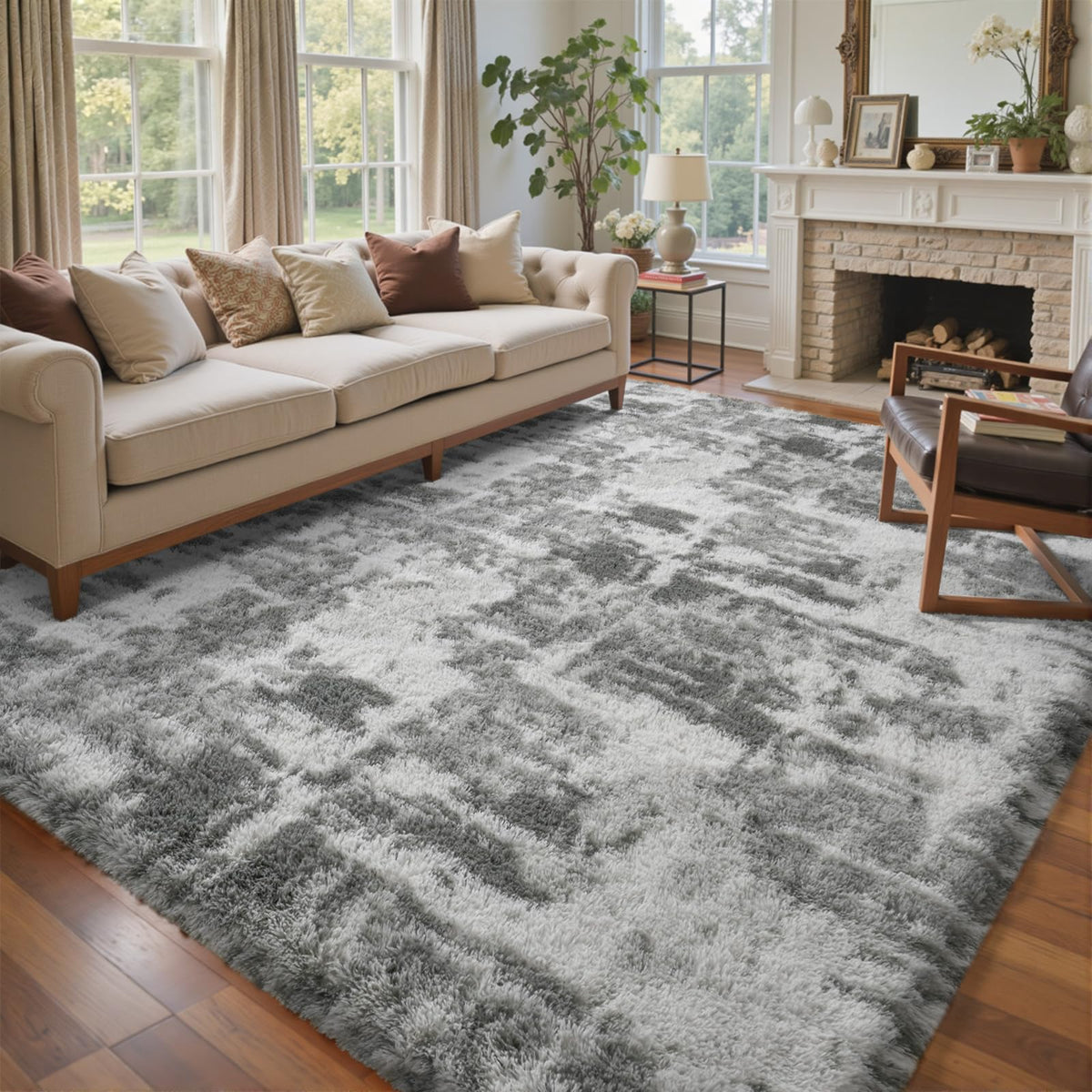 8x10 Ft Extra Large Shag Rugs for Living Room, Tie Dyed Ultra Soft Fluffy Furry Area Rugs for Bedroom Indoor Floor, Aesthetic Carpet for Kids Home Decor (Dark Grey)