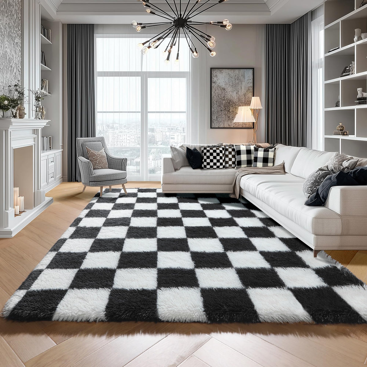 KICMOR Area Rugs 8x10 for Living Room, Large Fluffy Beige and Cream White Checkered Rug Big Fuzzy Shag Shaggy Carpets for Bedroom, Soft Plush Furry Rug for Boy Girls Room Dorm Home Decor Aesthetic