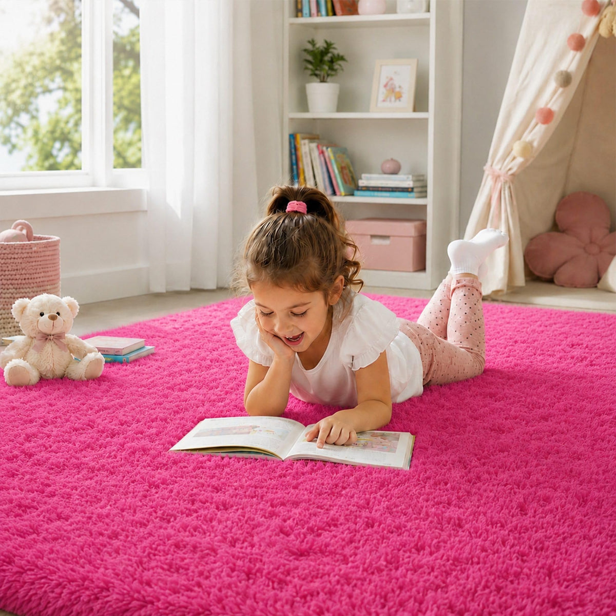 8x10 Ft Cream White Fluffy Area Rug for Living Room, Washable