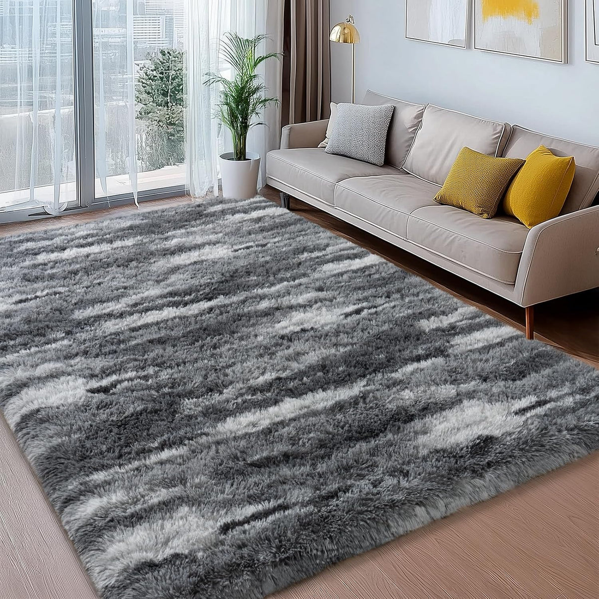 8x10 Large Shag Rugs for Living Room, Washable Abstract Grey