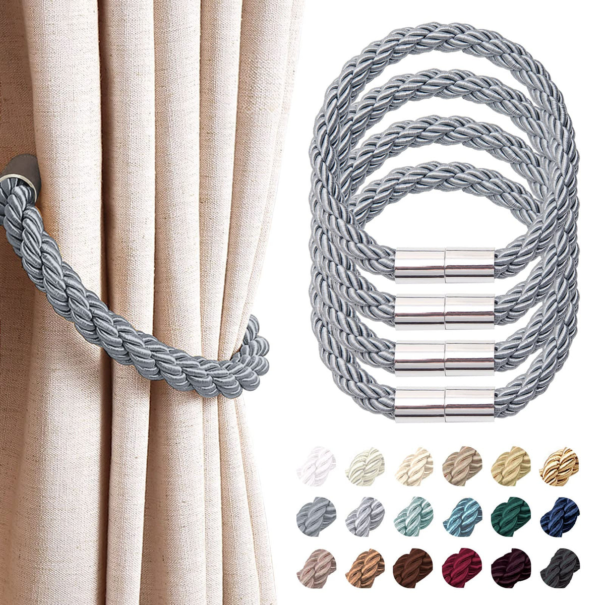 NICEEC 2 Pack Strong Magnetic Curtain Tiebacks Modern Simple Style Drape Tie Backs Convenient Decorative Weave Rope Curtain Holdbacks for Thin or Thick Home & Office Window Draperies (Beige)