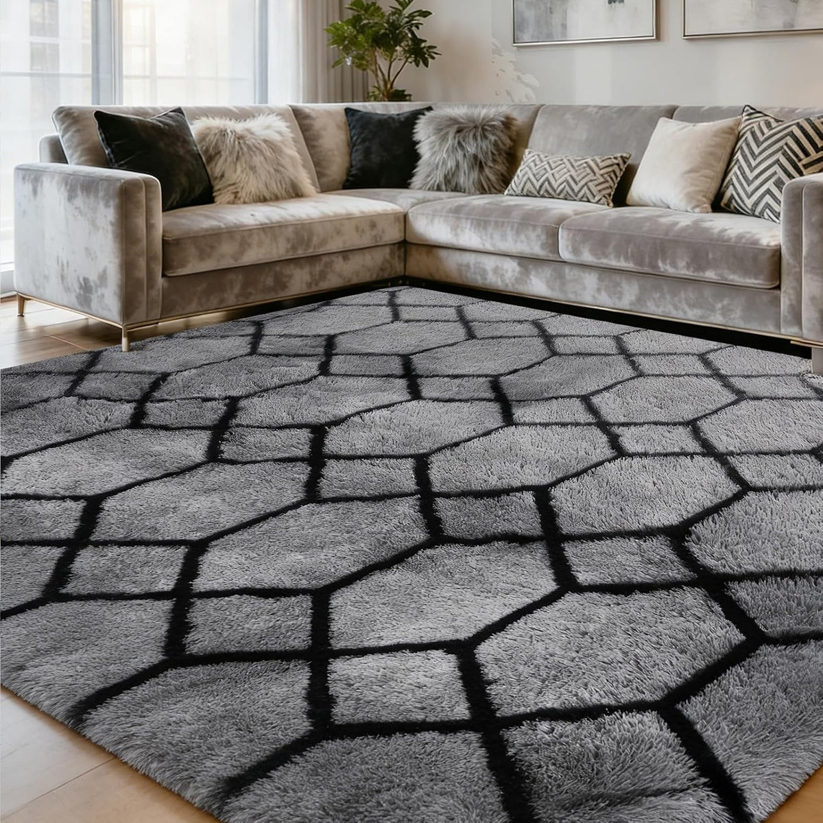 8x10 FT Soft Rug for Living Room, Geometric Shag Soft Area Rug, Classic Rug Anti-Skid High Pile Fluffy Carpet for Kids Room Nursery, Dorm Home Decor