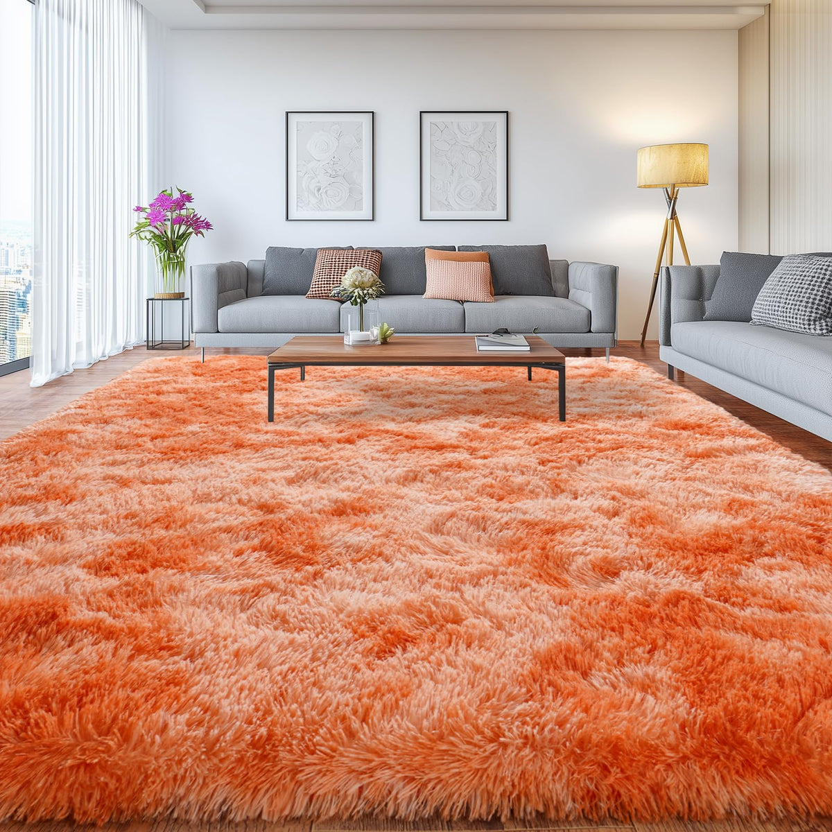 Large Living Room Area Rug 9x12Ft Shaggy Carpet Fuzzy Carpet Tie Dye Camel