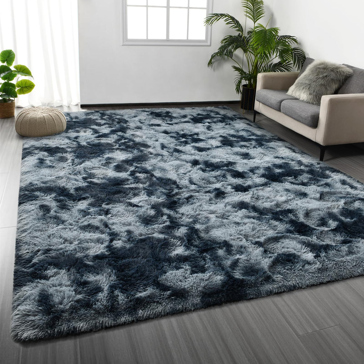 Deerhoo Large Shag Area Rugs 6 x 9, Tie-Dyed Plush Fuzzy Rugs, Dark Grey