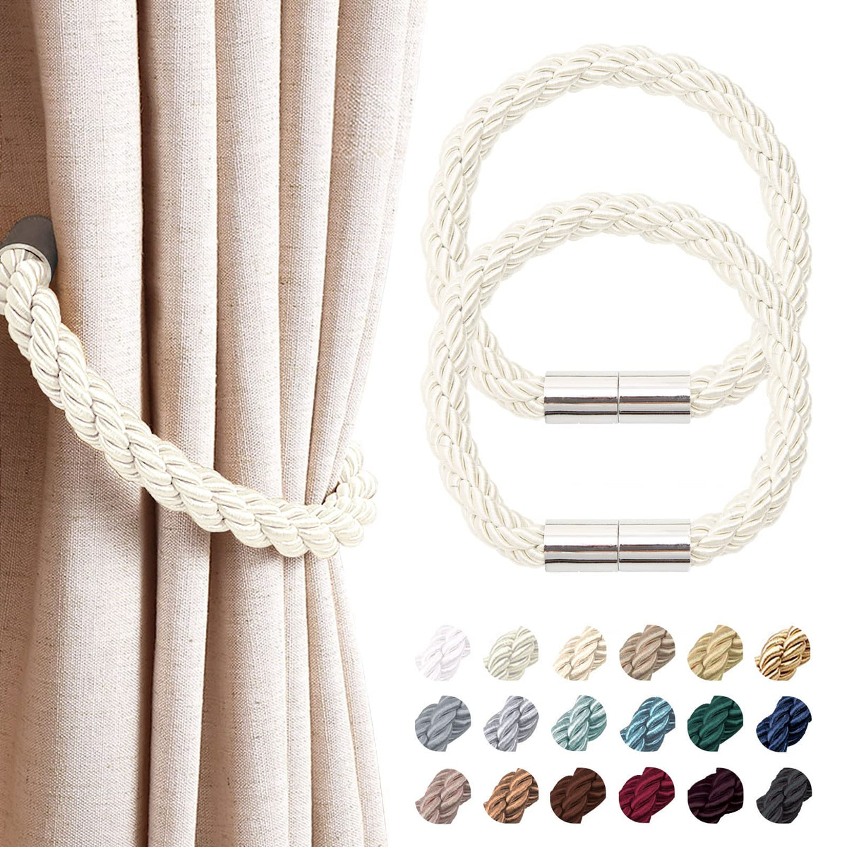 NICEEC 2 Pack Strong Magnetic Curtain Tiebacks Modern Simple Style Drape Tie Backs Convenient Decorative Weave Rope Curtain Holdbacks for Thin or Thick Home & Office Window Draperies (Beige)