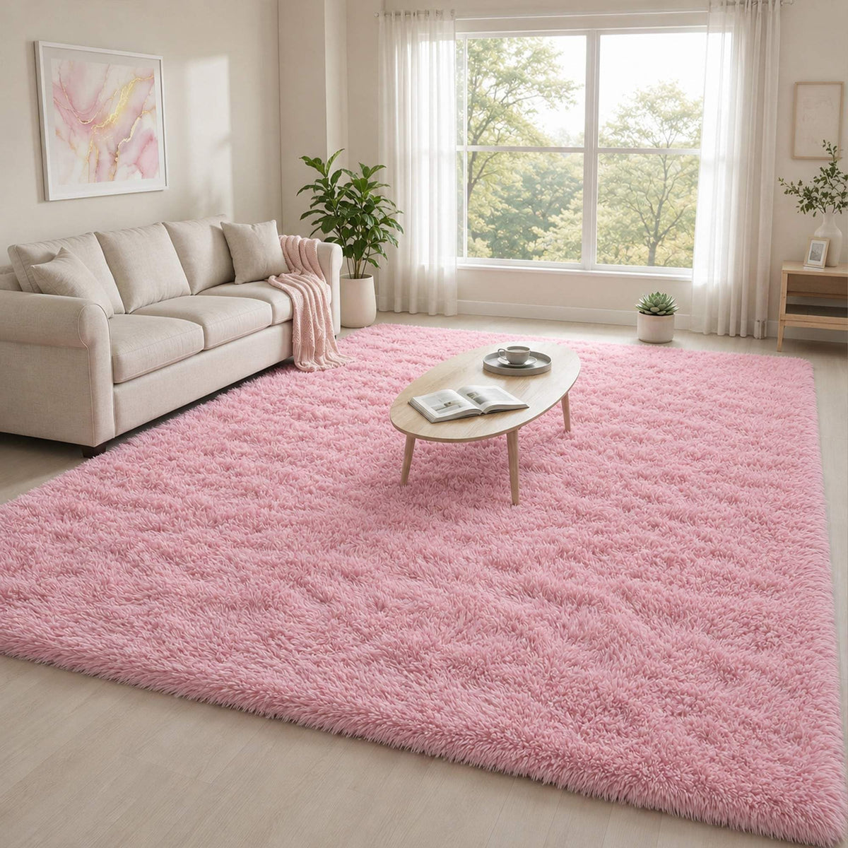 8x10 Ft Cream White Fluffy Area Rug for Living Room, Washable
