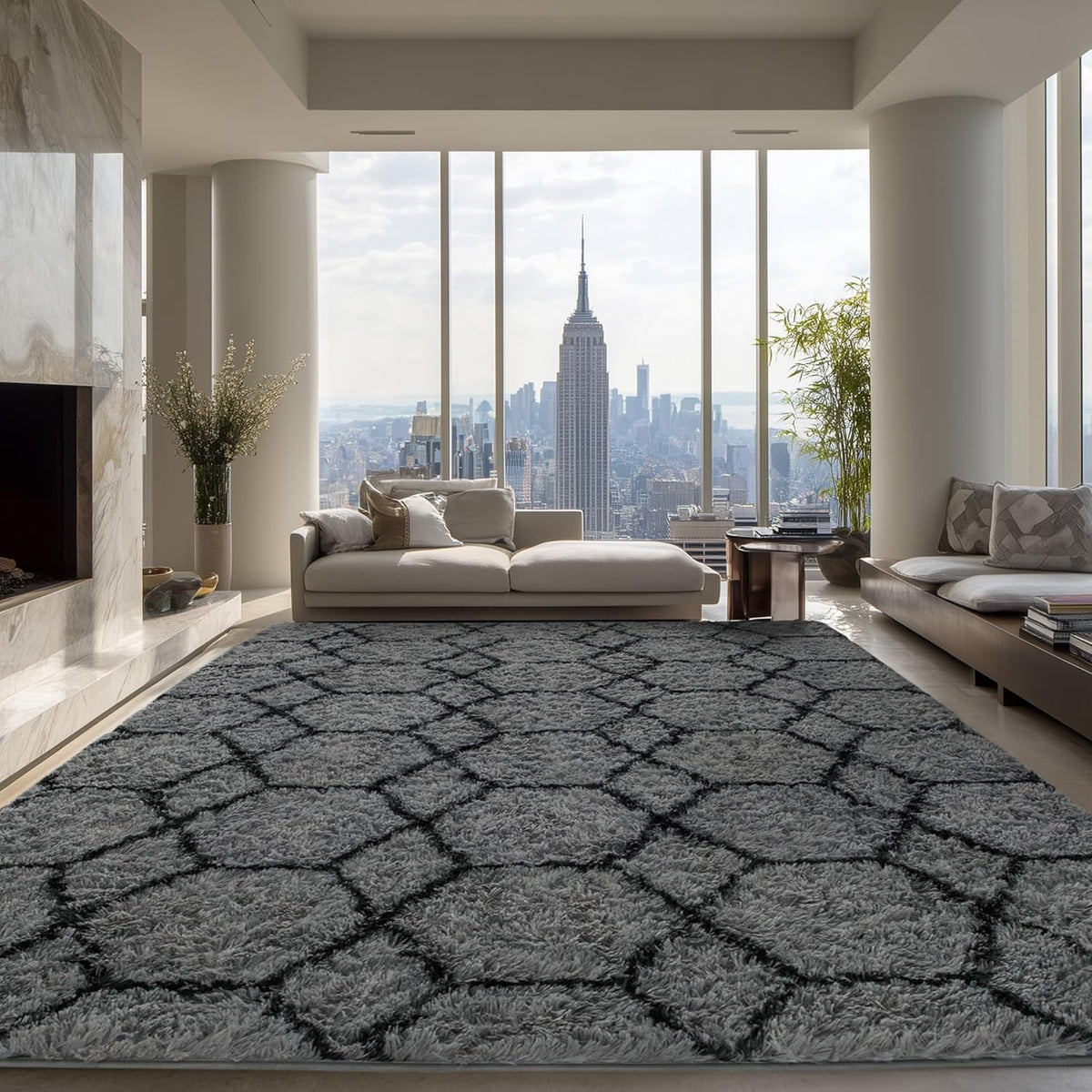 Fluffy Rug for Living Room, Soft Modern 8x10 Grey and Black Shag Area Rugs