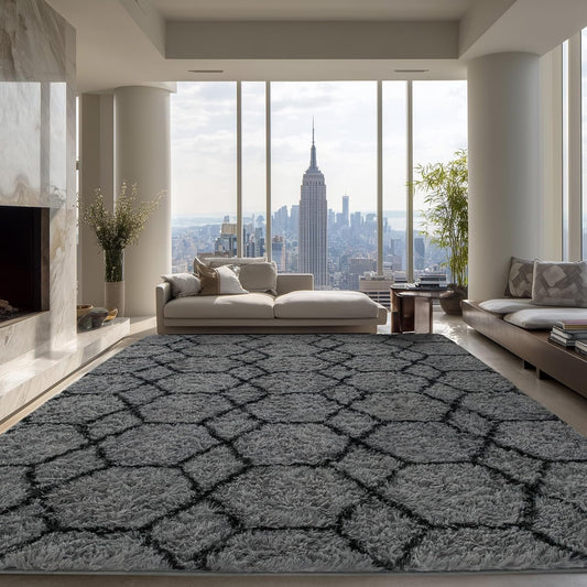 Fluffy Rug for Living Room, Soft Modern 8x10 Grey and Black Shag Area Rugs