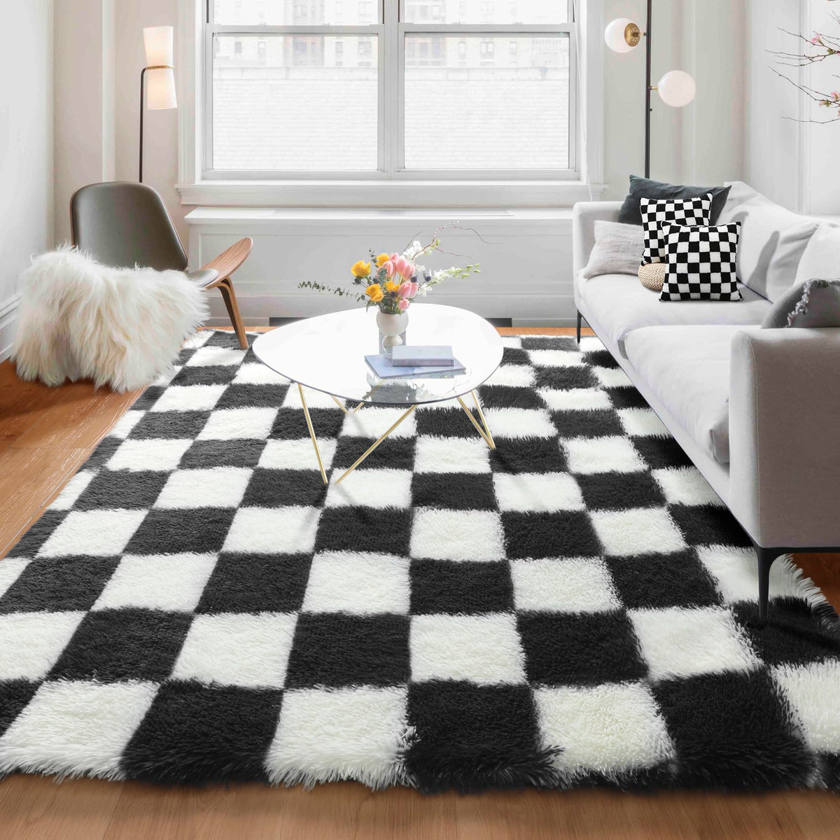 KICMOR Area Rugs 8x10 for Living Room, Large Fluffy Beige and Cream White Checkered Rug Big Fuzzy Shag Shaggy Carpets for Bedroom, Soft Plush Furry Rug for Boy Girls Room Dorm Home Decor Aesthetic