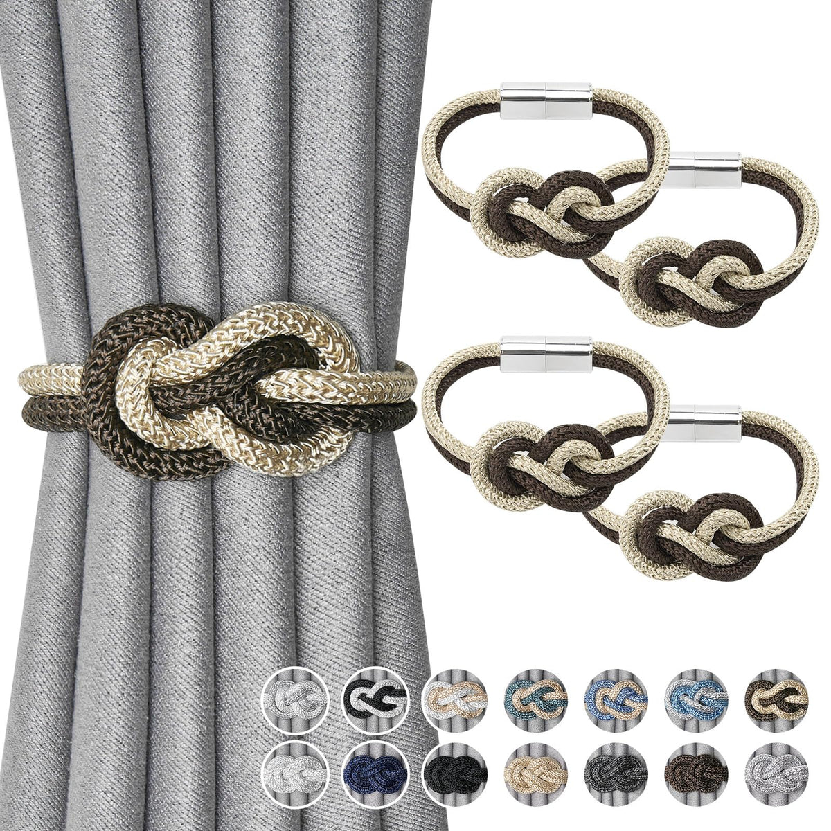 NICEEC 2 Pack Mini Magnetic Curtain Tiebacks Nordic Simple Style Drape Tie Backs Elegant Hand Weave Rope Knot Decorative Curtain Holdbacks for Home & Office Thin Window Drapery (Silver Grey)