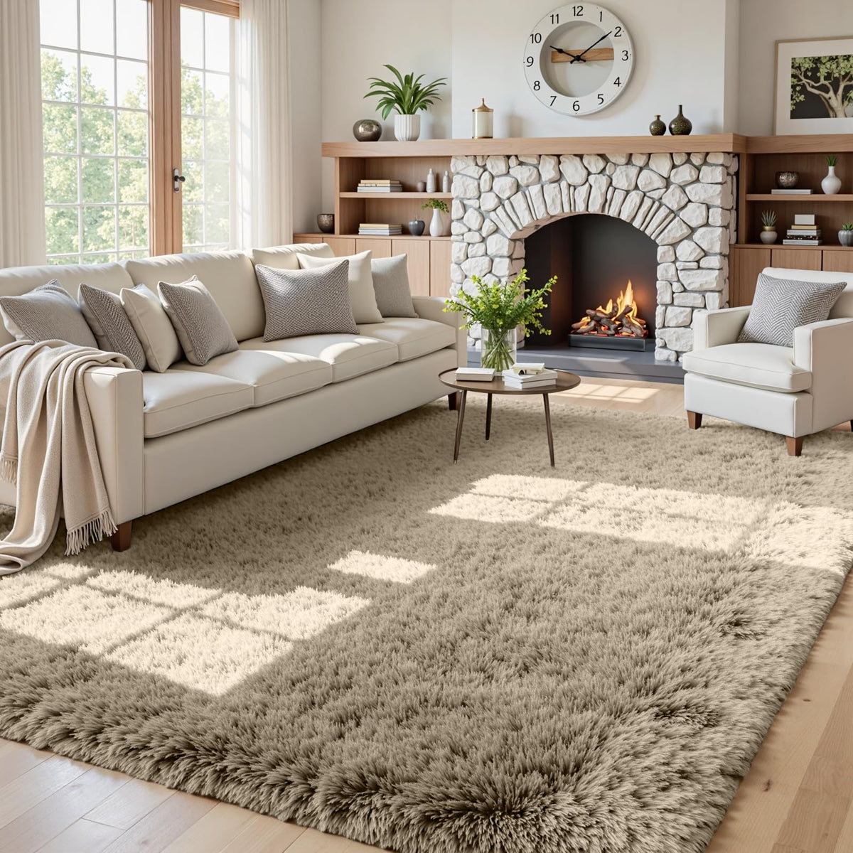 8x10 Fluffy Shag Area Rugs for Living Room Bedroom: Soft Carpet Gray Camel