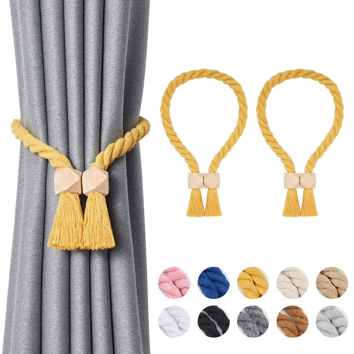 NICEEC 2 Pack Wooden Ball Magnetic Curtain Tiebacks Boho Home Decor Drape Tie Backs Natural Cotton Hand Woven Rope Curtain Holdbacks for Thin & Thick Home & Office Window Draperies (Beige)