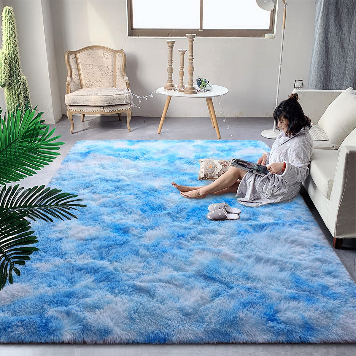 DweIke Fluffy Blue Shag Rugs for Bedroom Living Room, 4x6 Feet Soft Plush Tie-Dyed Light SkyBlue Girls Boys Kids Rug, Upgraded Non-Slip and Machine Washable Carpet for Dorm Nursery Classroom Decor