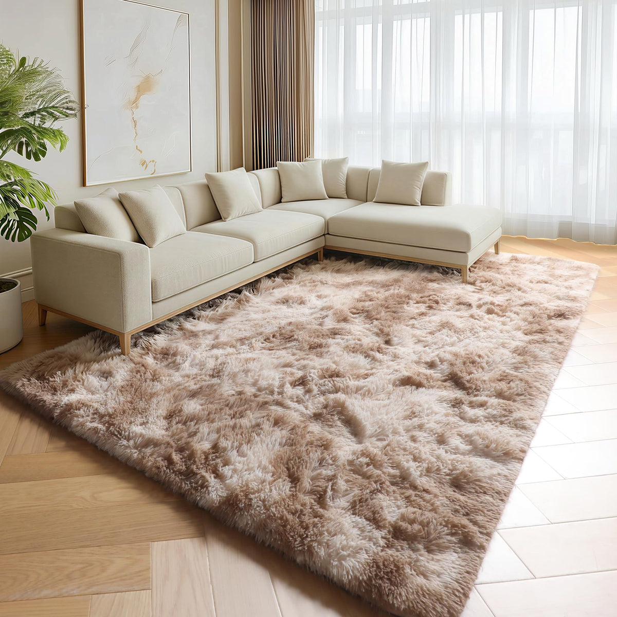 Area Rugs for Living Room Bedroom, 5x8 Fluffy Tie-Dyed Light Grey Shag Rug