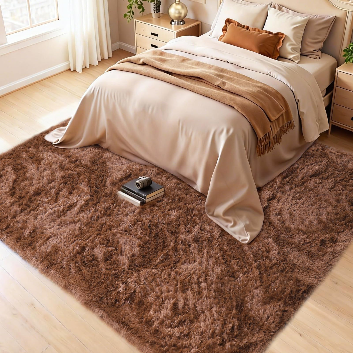 8x10 Beige Fluffy Shag Area Rug, Non-Slip Soft Carpet for Home