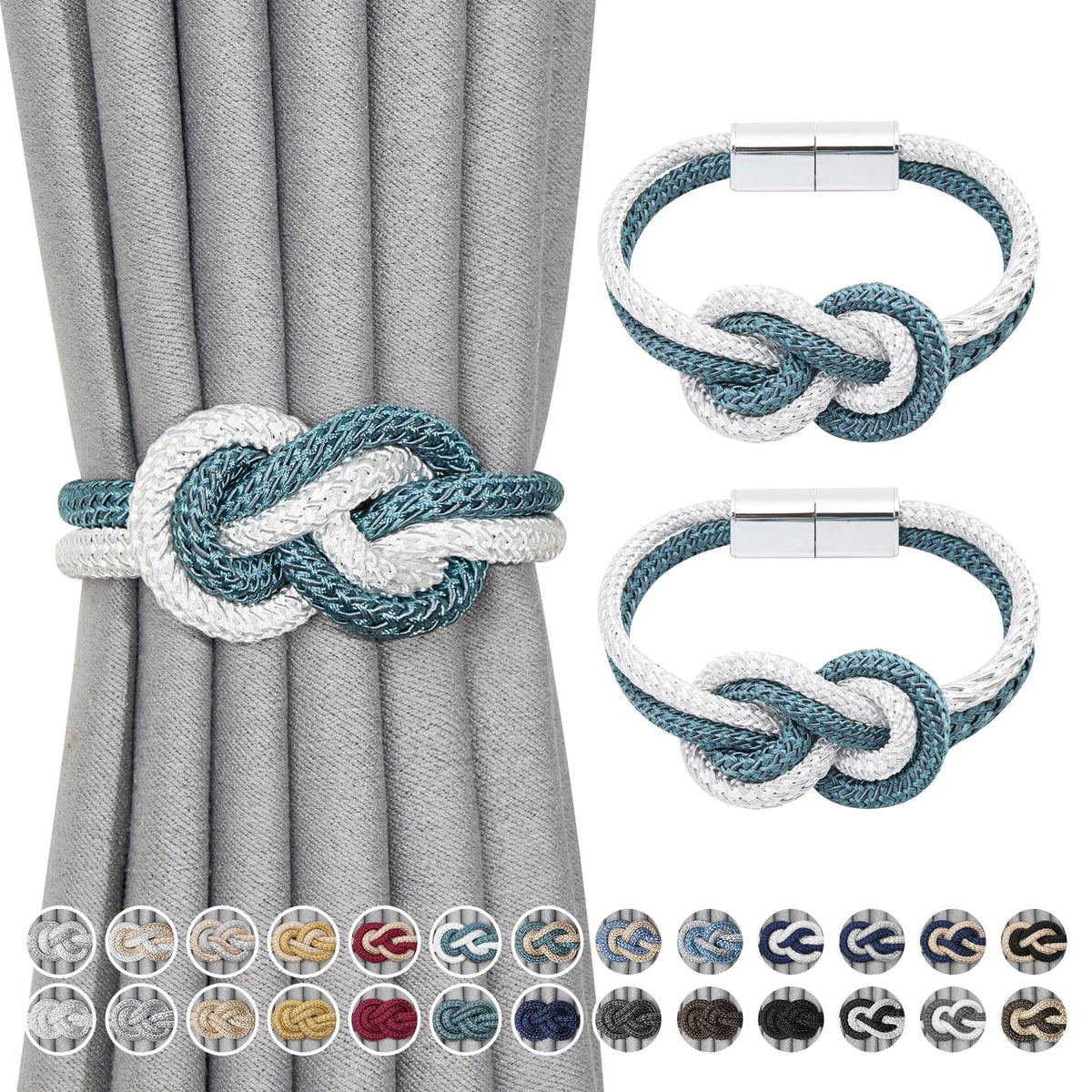 NICEEC 2 Pack Mini Magnetic Curtain Tiebacks Nordic Simple Style Drape Tie Backs Elegant Hand Weave Rope Knot Decorative Curtain Holdbacks for Home & Office Thin Window Drapery (Silver Grey)