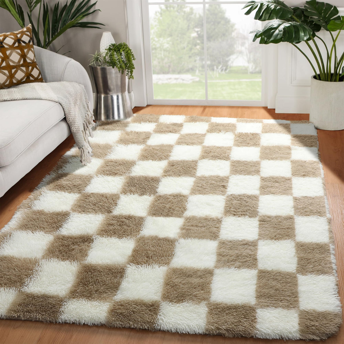 KICMOR Area Rugs 8x10 for Living Room, Large Fluffy Beige and Cream White Checkered Rug Big Fuzzy Shag Shaggy Carpets for Bedroom, Soft Plush Furry Rug for Boy Girls Room Dorm Home Decor Aesthetic