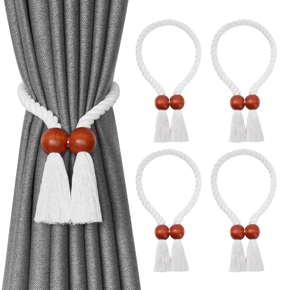 NICEEC 2 Pack Wooden Ball Magnetic Curtain Tiebacks Boho Home Decor Drape Tie Backs Natural Cotton Hand Woven Rope Curtain Holdbacks for Thin & Thick Home & Office Window Draperies (Beige)