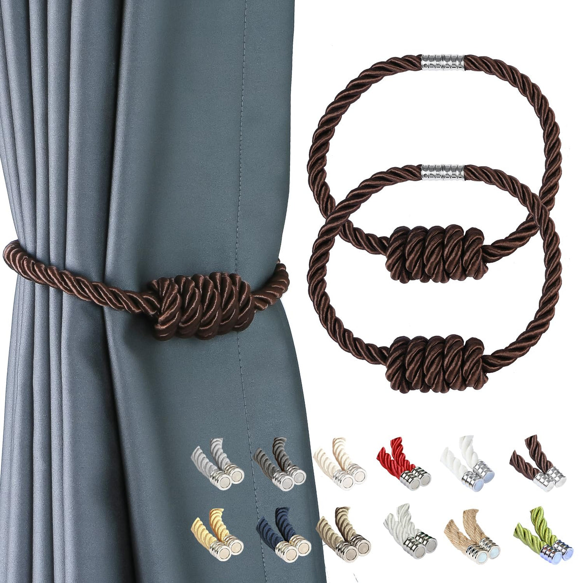 BEL AVENIR Magnetic Jute Curtain Tiebacks 2 Pack Hand-Woven Curtain Ties