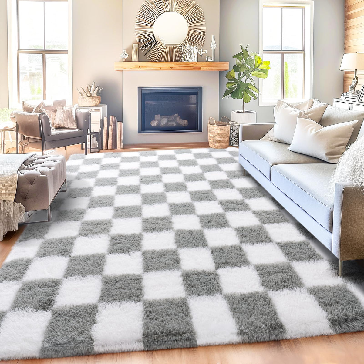 8x10 Area Rugs for Living Room, Large Ultra Fluffy Fuzzy Shag Rug for Bedroom, Modern Plush Soft High Pile Upgrade Non-Slip Carpet for Kids Girls and Boys Room Decor, Tie-Dyed Blue Grey
