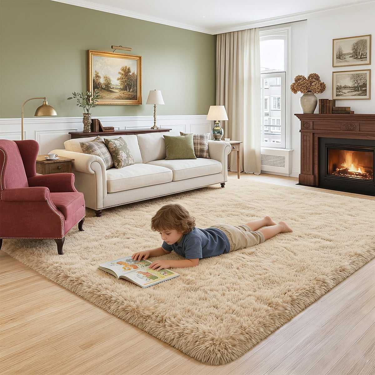 8x10 ft Area Rugs for Living Room Bedroom, Beige Tie-dye Non-Slip Soft Fluffy Shag Carpet, Large Bedside Indoor Floor Area Rug for Kids Girls and Boys, Dorms, Nursery Rooms, Home Decor Aesthetic