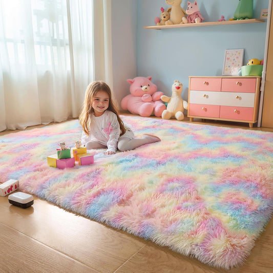 KICHOWUA 4x6 Fluffy Fuzzy Kids Shag Rainbow Rug for Girls Bedroom Playroom