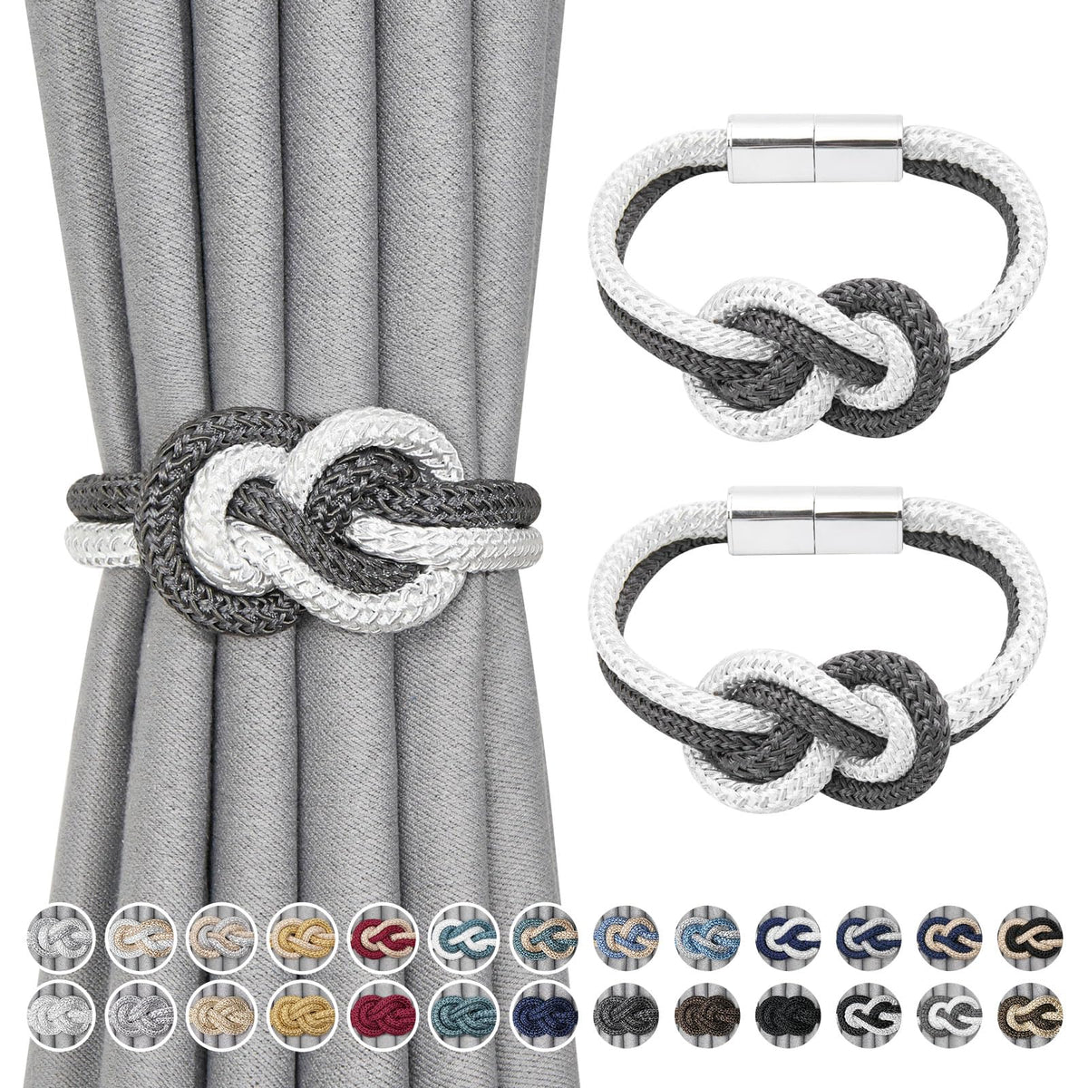 NICEEC 2 Pack Mini Magnetic Curtain Tiebacks Nordic Simple Style Drape Tie Backs Elegant Hand Weave Rope Knot Decorative Curtain Holdbacks for Home & Office Thin Window Drapery (Silver Grey)