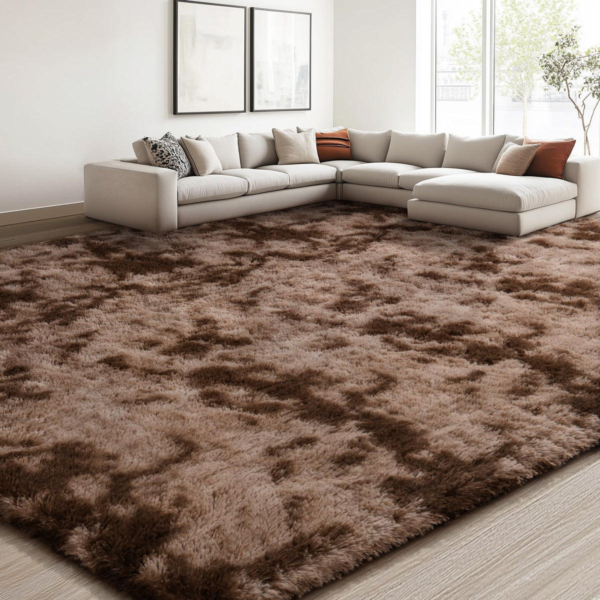EVOIONOS Area Rug for Bedroom Living Room, Machine Washable 5x7 Fluffy Shag Rug, Soft Plush Non Slip Carpet for Indoor Floor Bedside Nursery Kids Girls Room Dorm, Home Decor Aesthetic, ‌Tie-Dye Camel