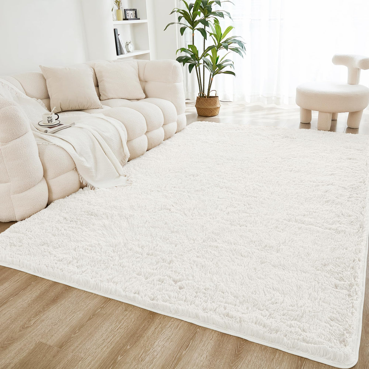 Litanika 5x8 Shag Area Rug for Bedroom, Tie-Dyed Beige Plush Rug