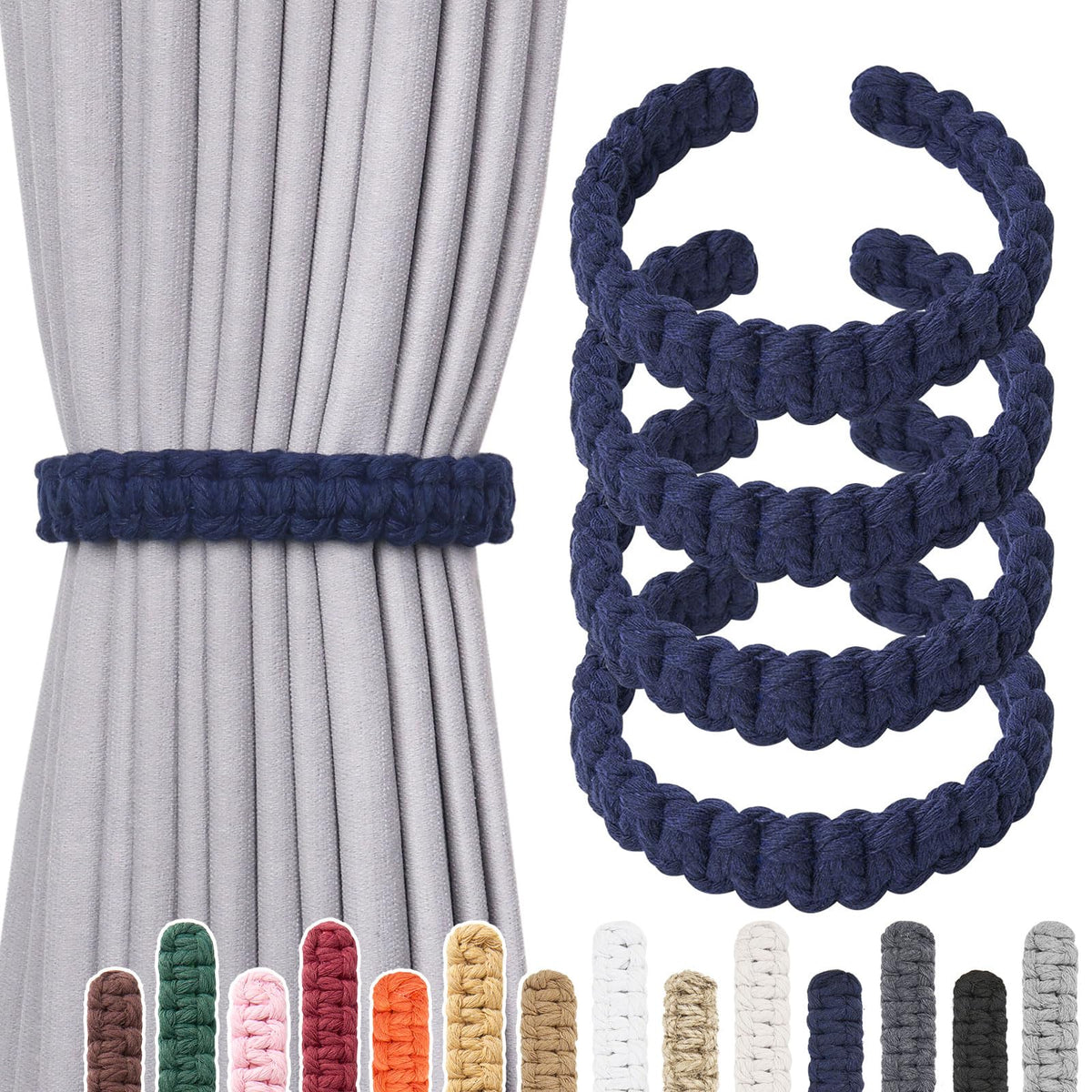 NICEEC 2 Pack Natural Cotton Rope Curtain Tiebacks Farmhouse Rustic Style Decorative Drape Tie Backs Handmade Braided Curtain Holdbacks for Home & Office Sheer/Light Weight Drapery (C-White-S)